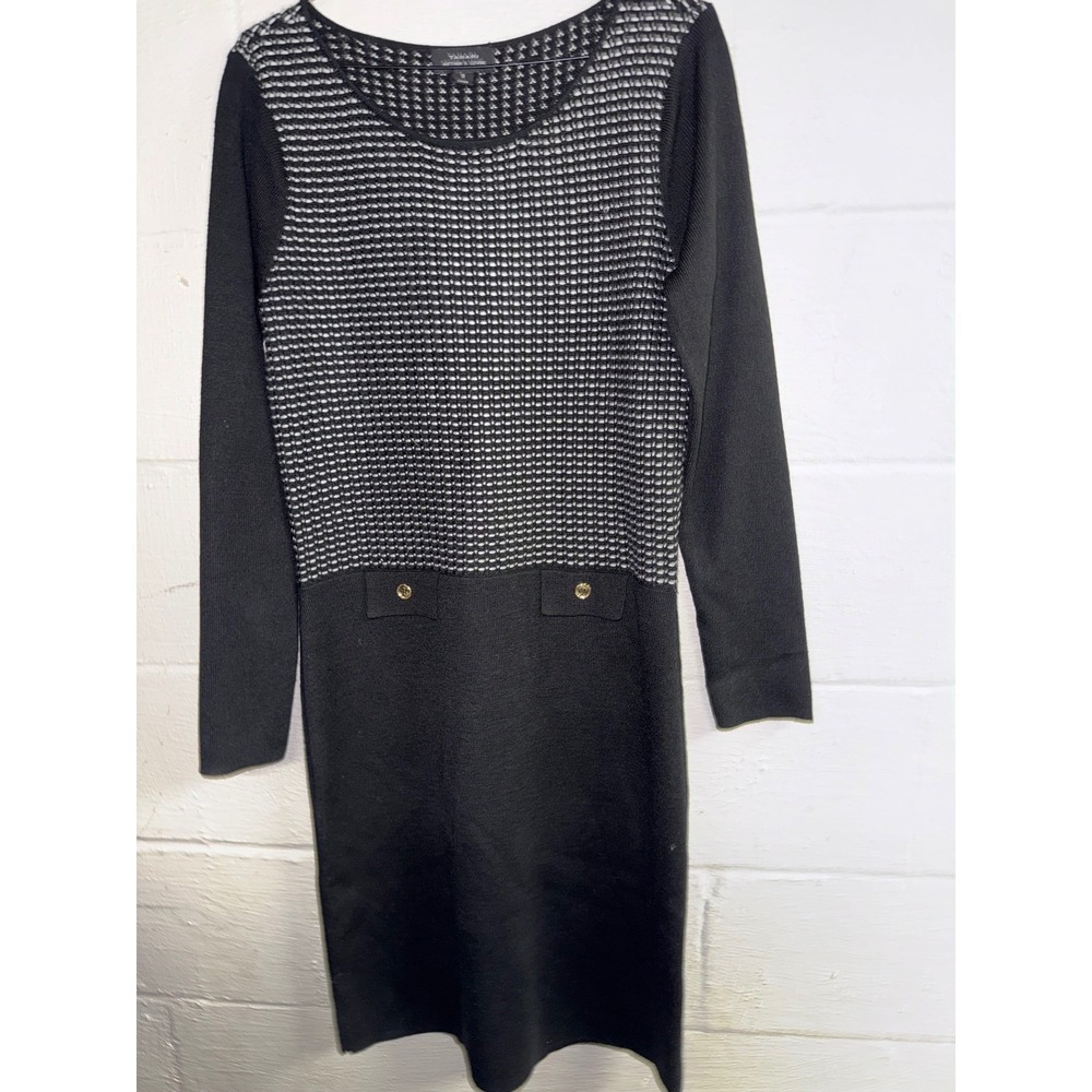 Tahari Womens Black White Wool Blend Knit Sweater Dress S classic upscale chic